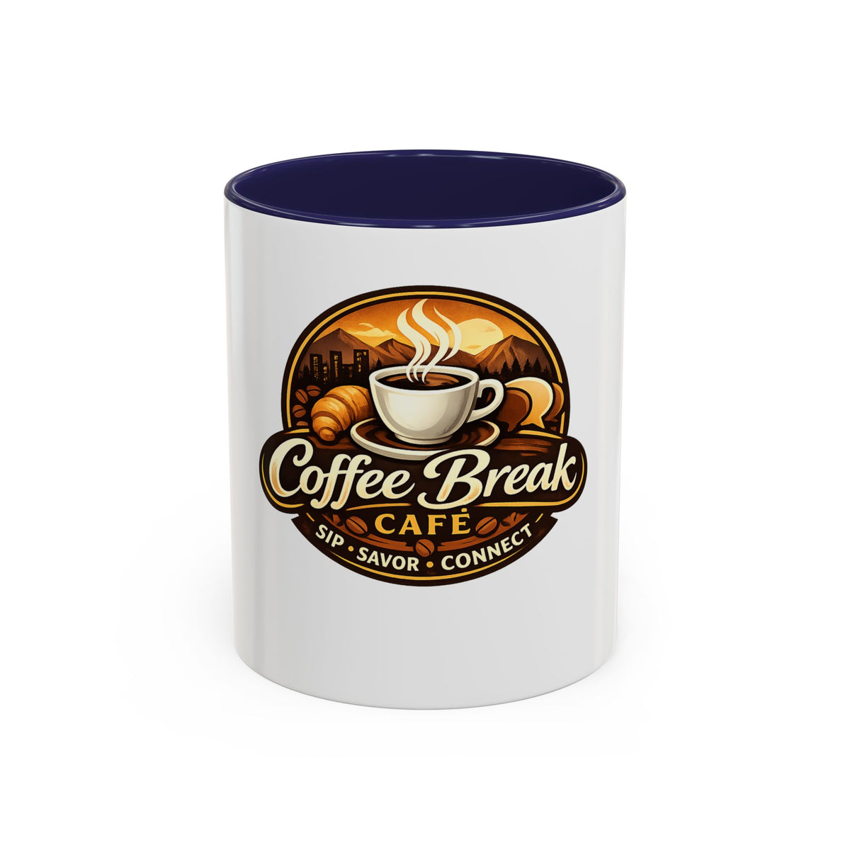 Coffee Mug — "Coffee Break Café: Sip • Savor • Connect" Accent Ceramic Mug (11/15oz)