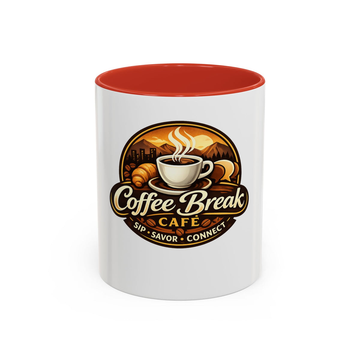 Coffee Mug — "Coffee Break Café: Sip • Savor • Connect" Accent Ceramic Mug (11/15oz)