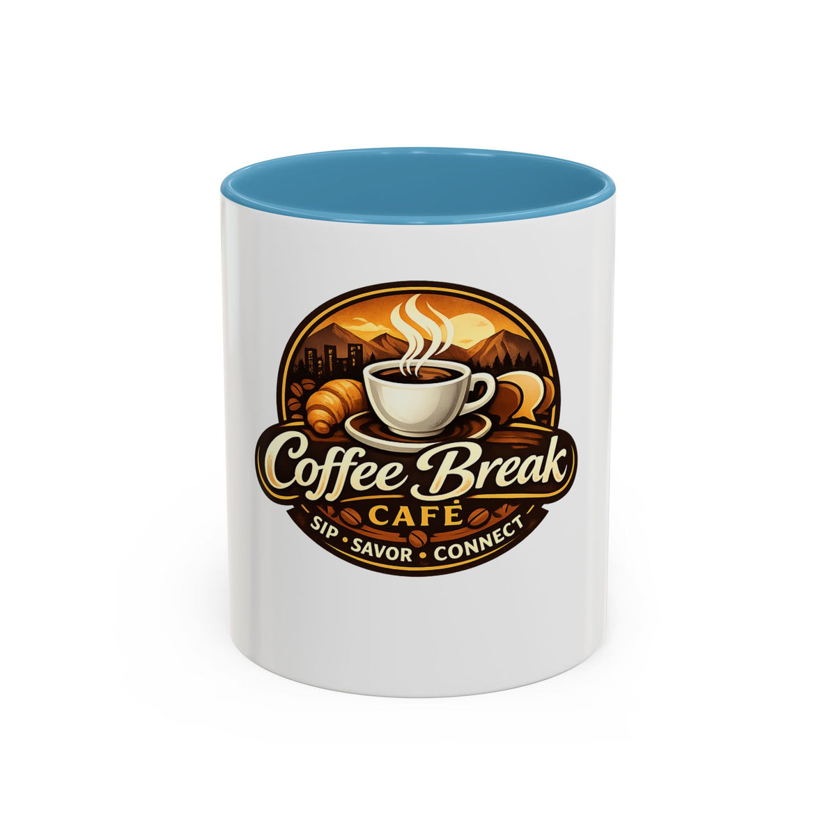 Coffee Mug — "Coffee Break Café: Sip • Savor • Connect" Accent Ceramic Mug (11/15oz)