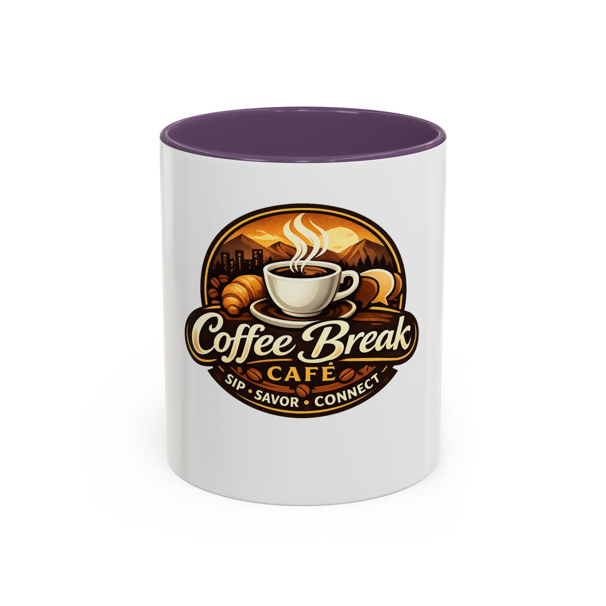 Coffee Mug — "Coffee Break Café: Sip • Savor • Connect" Accent Ceramic Mug (11/15oz)