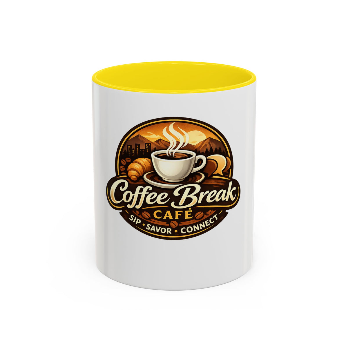 Coffee Mug — "Coffee Break Café: Sip • Savor • Connect" Accent Ceramic Mug (11/15oz)