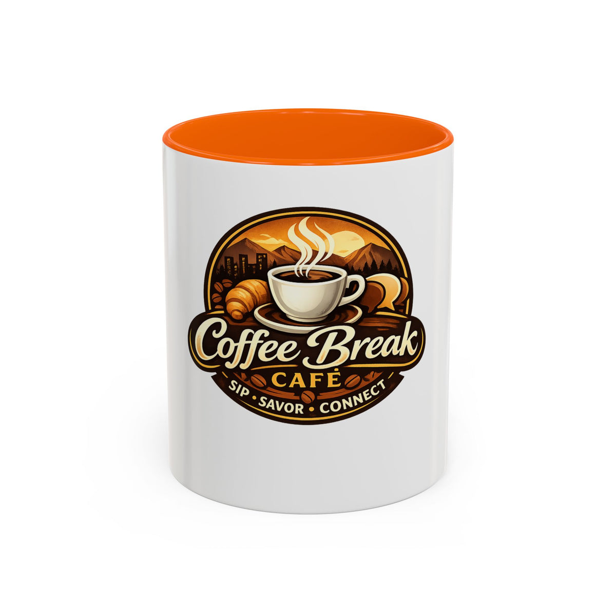 Coffee Mug — "Coffee Break Café: Sip • Savor • Connect" Accent Ceramic Mug (11/15oz)