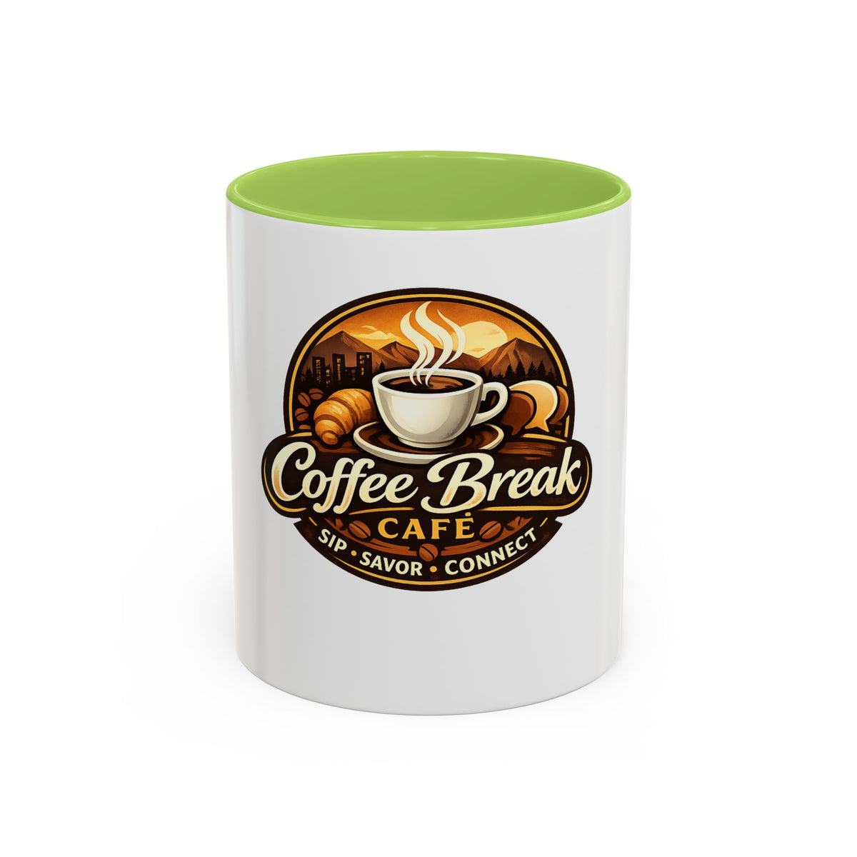 Coffee Mug — "Coffee Break Café: Sip • Savor • Connect" Accent Ceramic Mug (11/15oz)