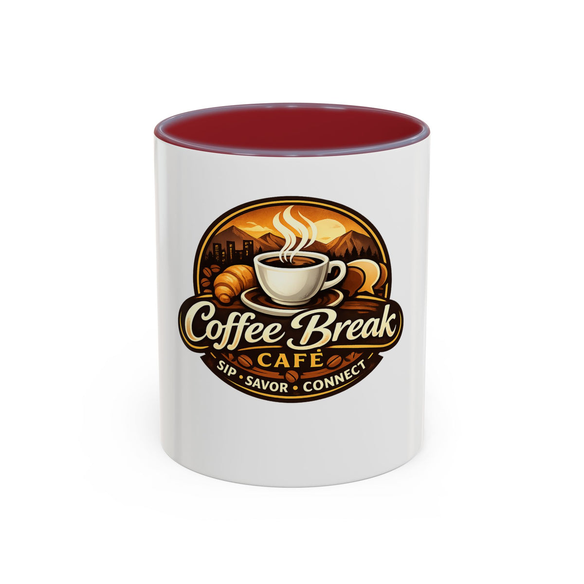 Coffee Mug — "Coffee Break Café: Sip • Savor • Connect" Accent Ceramic Mug (11/15oz)
