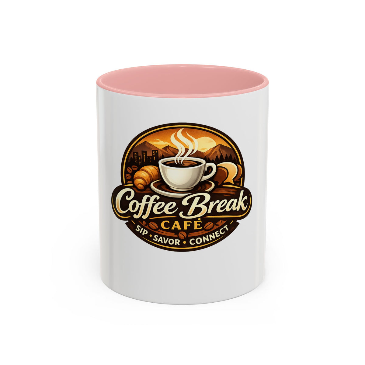 Coffee Mug — "Coffee Break Café: Sip • Savor • Connect" Accent Ceramic Mug (11/15oz)