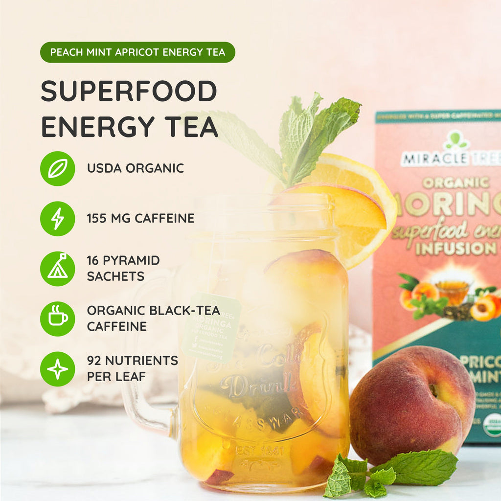 Organic Moringa Energy Tea - Peach Mint Apricot - Natural Coffee Alternative